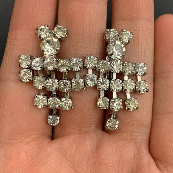 Clear Rhinestone Dangle Screw Back Earrings Vintage - Picture 4 of 4